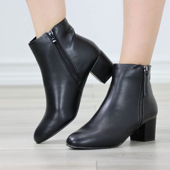 Womens Ankle Boots Low Block Heel Black Synthetic Leather Pointed Toe - Picture 8 of 12